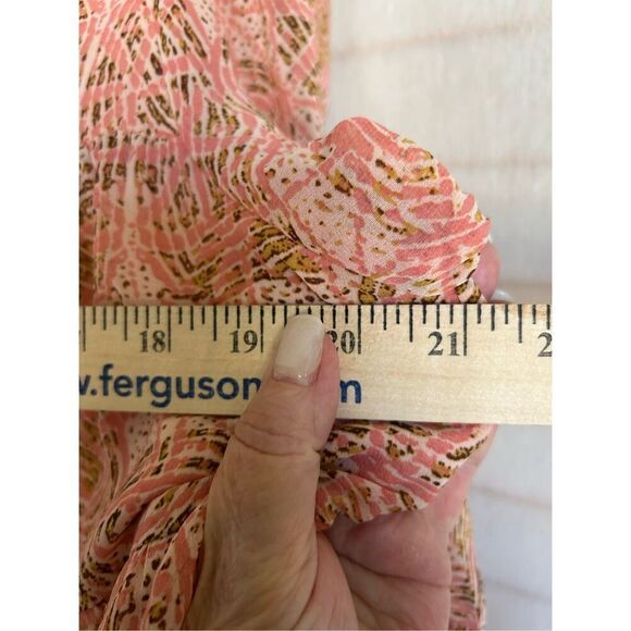 Joy Joy Women’s Blouse Pink Abstract Print Ruffle Neck Long Sleeve Lined Boho M - Picture 4 of 8